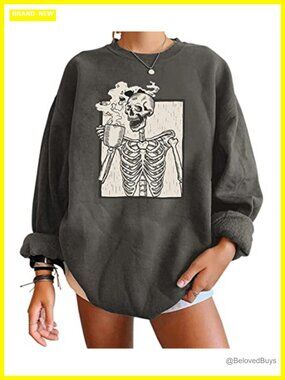 Oversized Fleece Sweatshirt Skull Graphic Crewneck Drop Shoulder